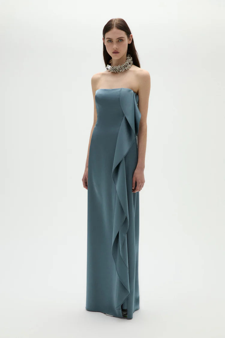 Slate Blue Strapless Ruffle Detail Satin Maxi Evening Dresses