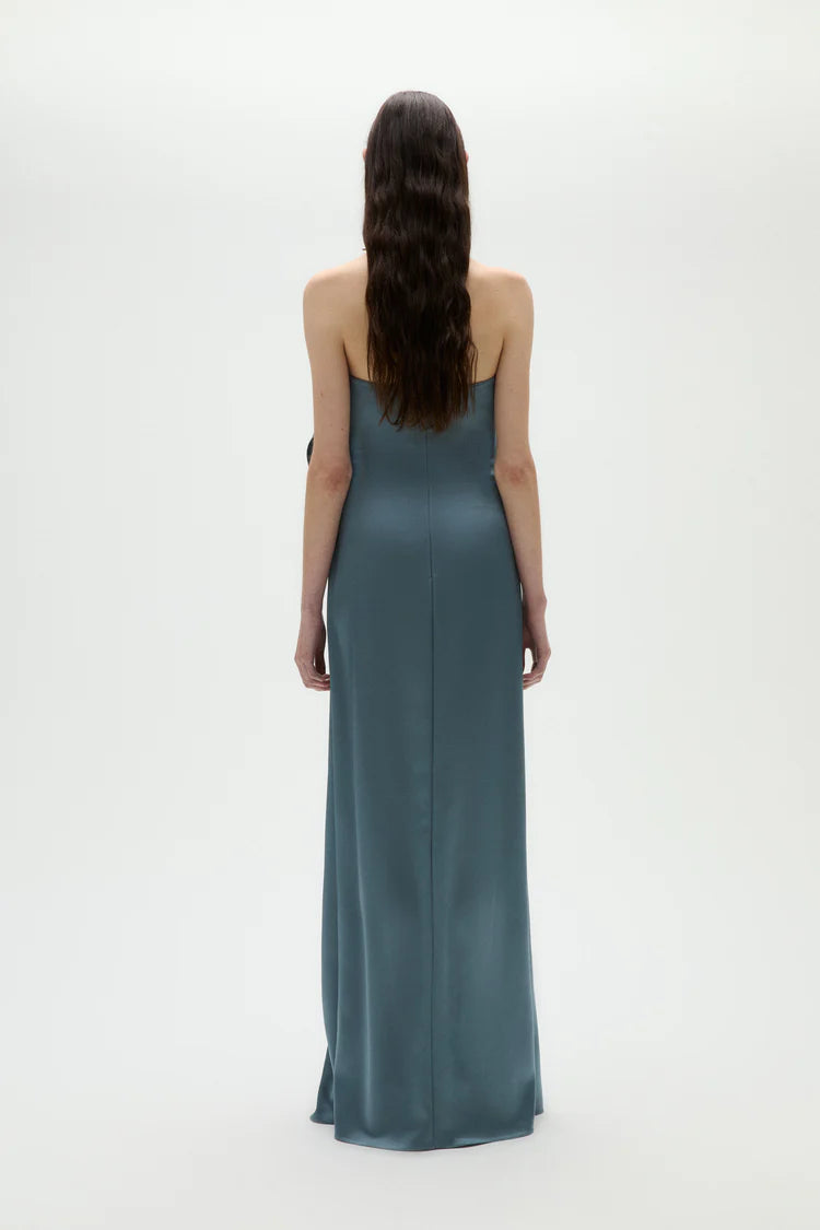 Slate Blue Strapless Ruffle Detail Satin Maxi Evening Dresses