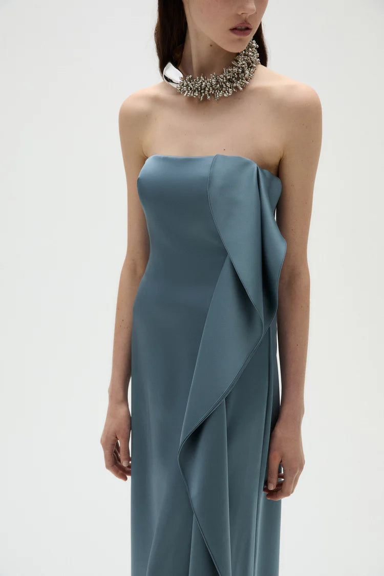 Slate Blue Strapless Ruffle Detail Satin Maxi Evening Dresses