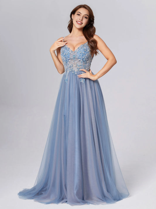 Slate Blue Tulle Backless Satin Prom Dress with Spaghetti Straps Beaded Lace Bodice and High Side Slit
