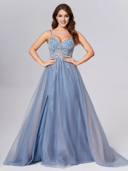 Slate Blue Tulle Backless Satin Prom Dress with Spaghetti Straps Beaded Lace Bodice and High Side Slit
