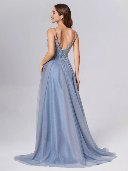 Slate Blue Tulle Backless Satin Prom Dress with Spaghetti Straps Beaded Lace Bodice and High Side Slit