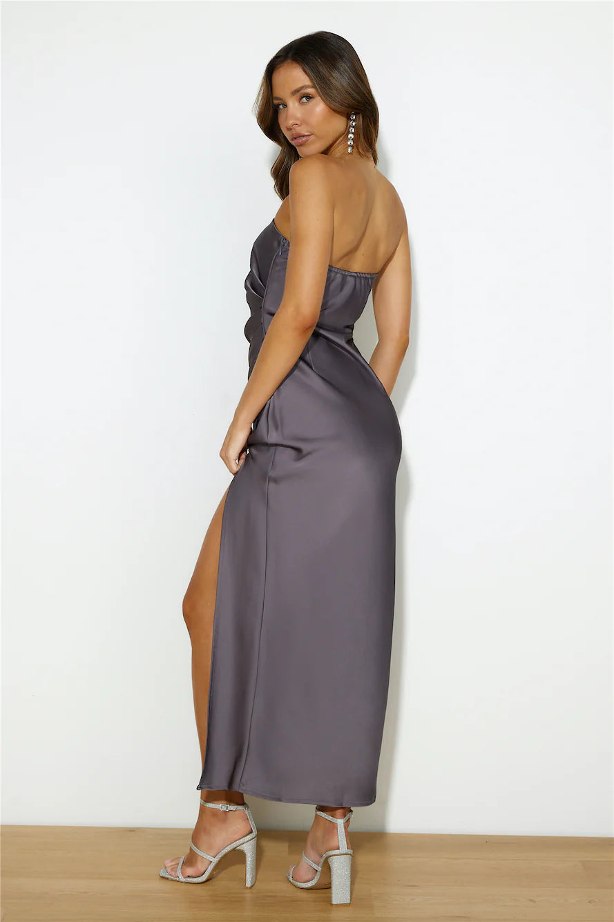 Slate Grey Strapless Satin Ruched High Slit Midi Evening Dresses