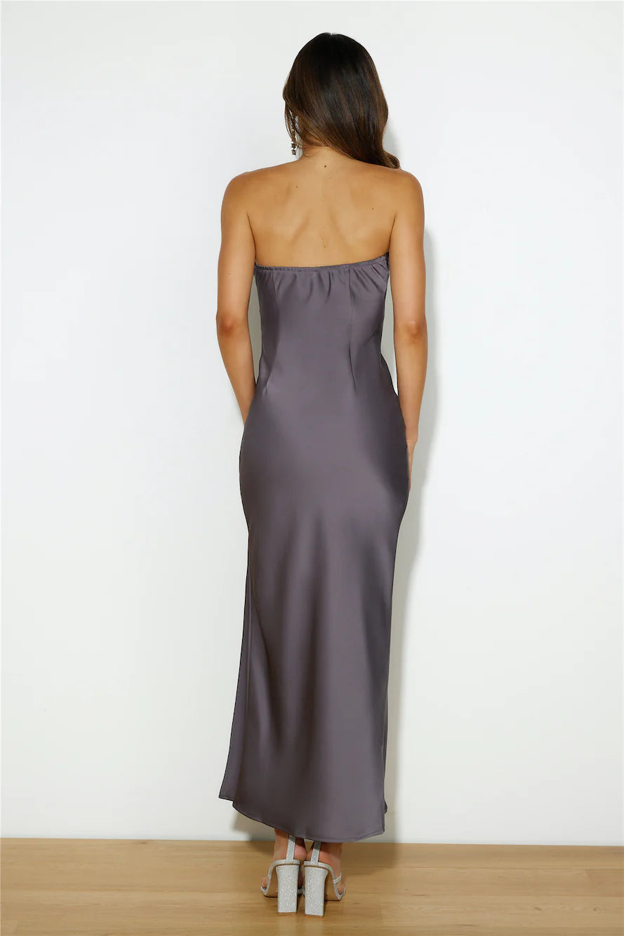 Slate Grey Strapless Satin Ruched High Slit Midi Evening Dresses