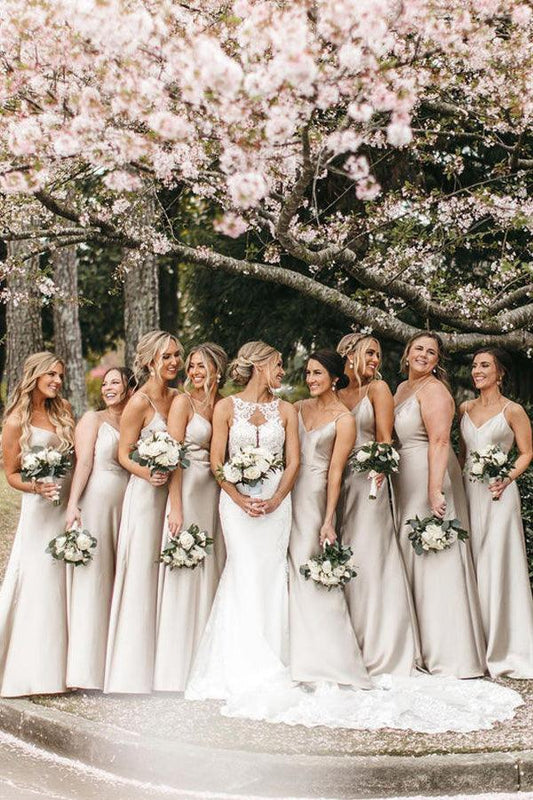 Sleek Spaghetti Straps Silk Satin Floor-length Bridesmaid Dresses ﻿