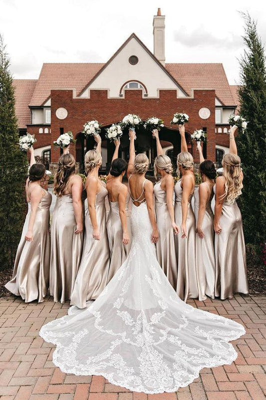 Sleek Spaghetti Straps Silk Satin Floor-length Bridesmaid Dresses ﻿