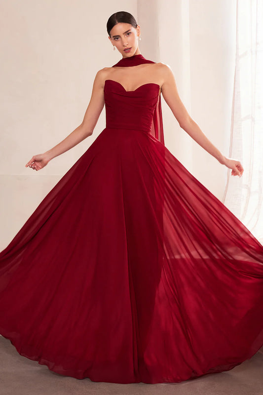Sleeveless strapless A-line dress with scarf