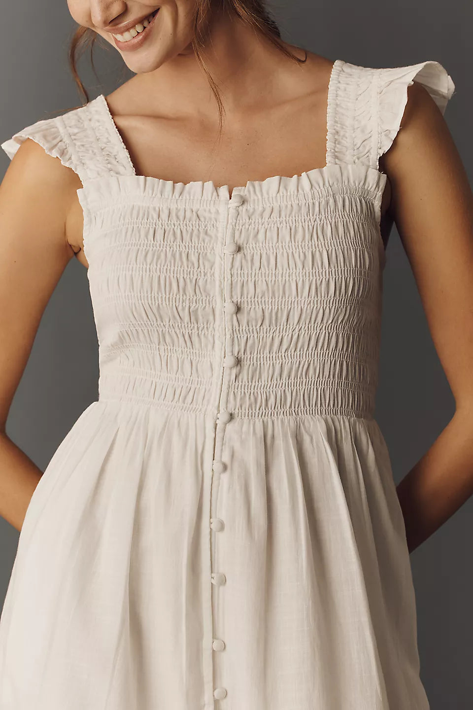 Smocked Ruffle Mini Evening Dresses with Button Front