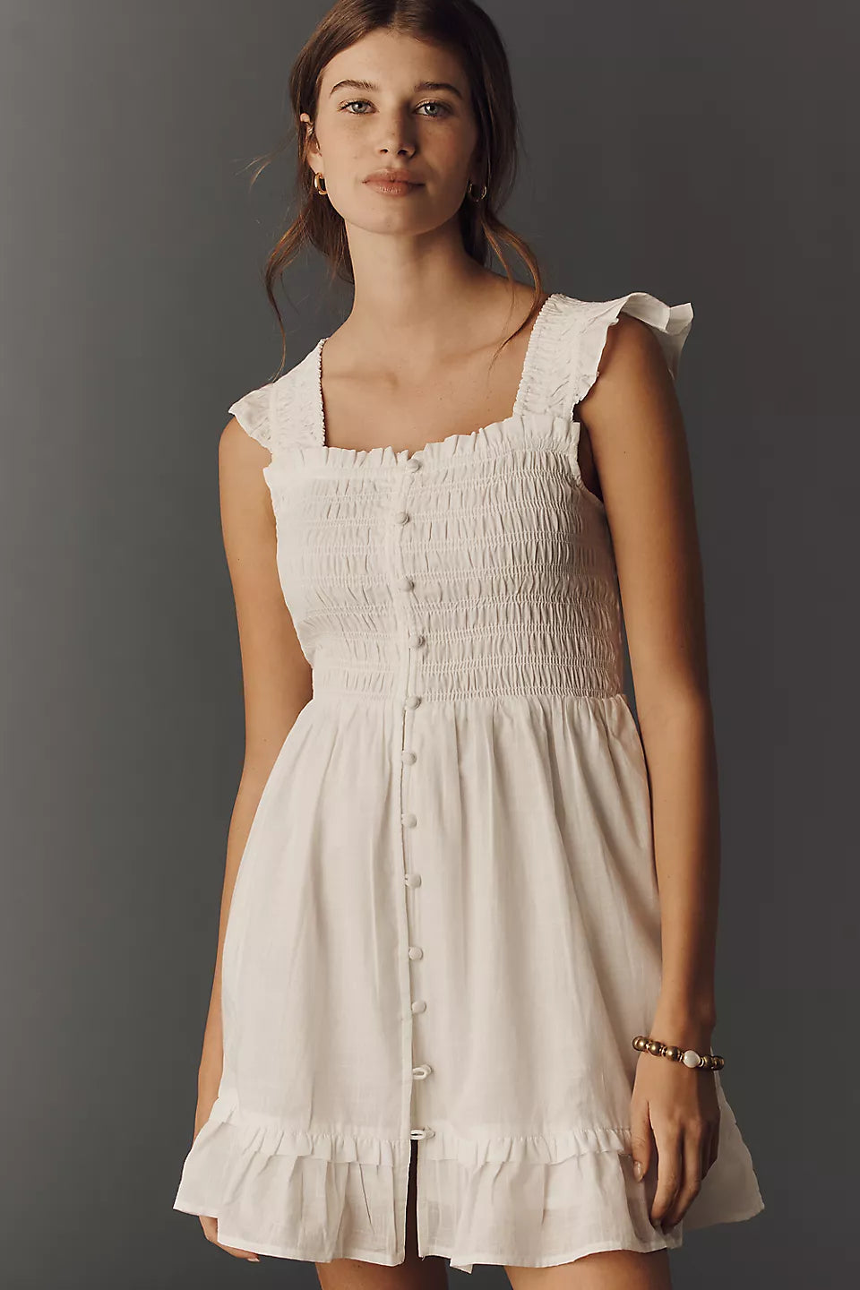 Smocked Ruffle Mini Evening Dresses with Button Front