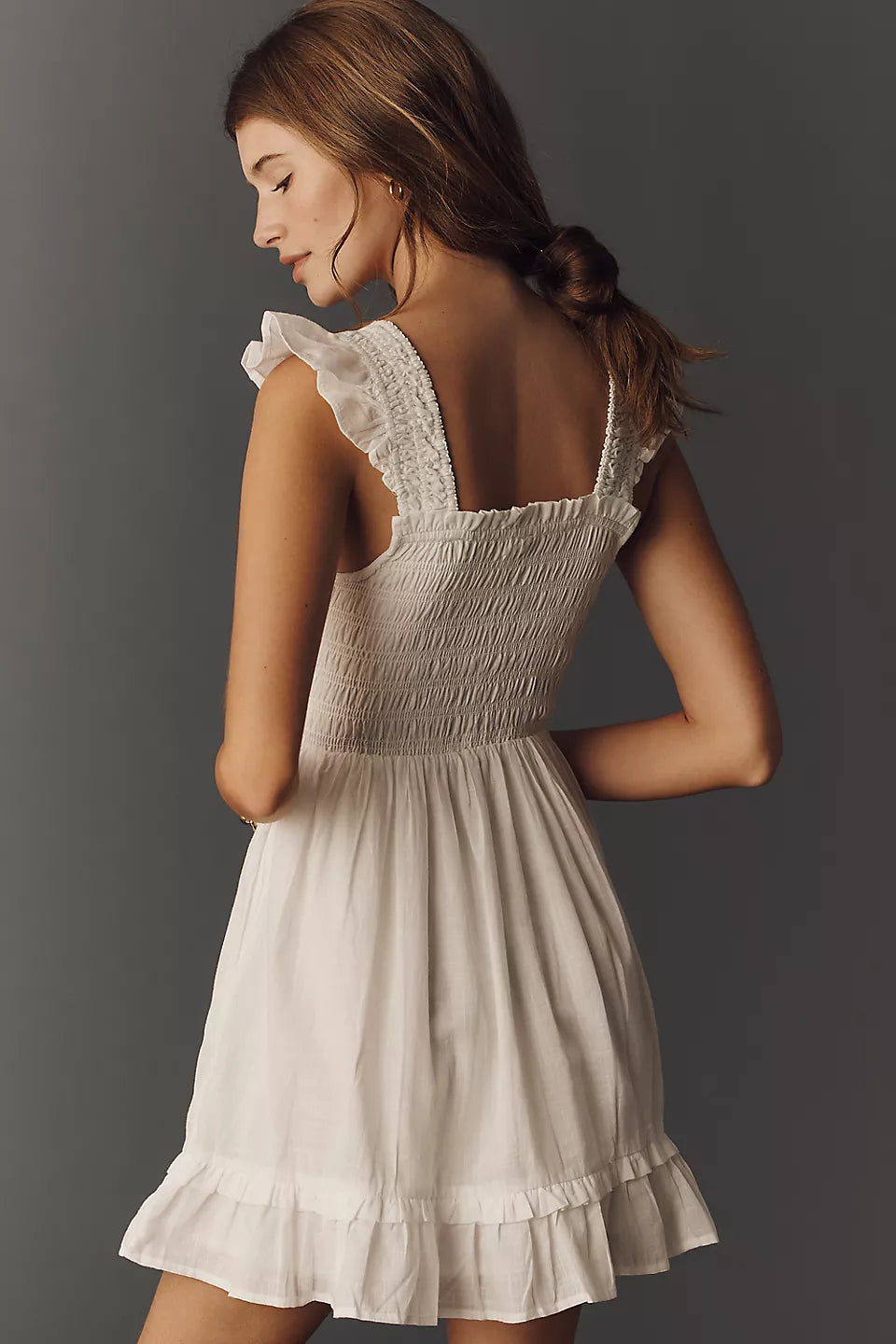 Smocked Ruffle Mini Evening Dresses with Button Front