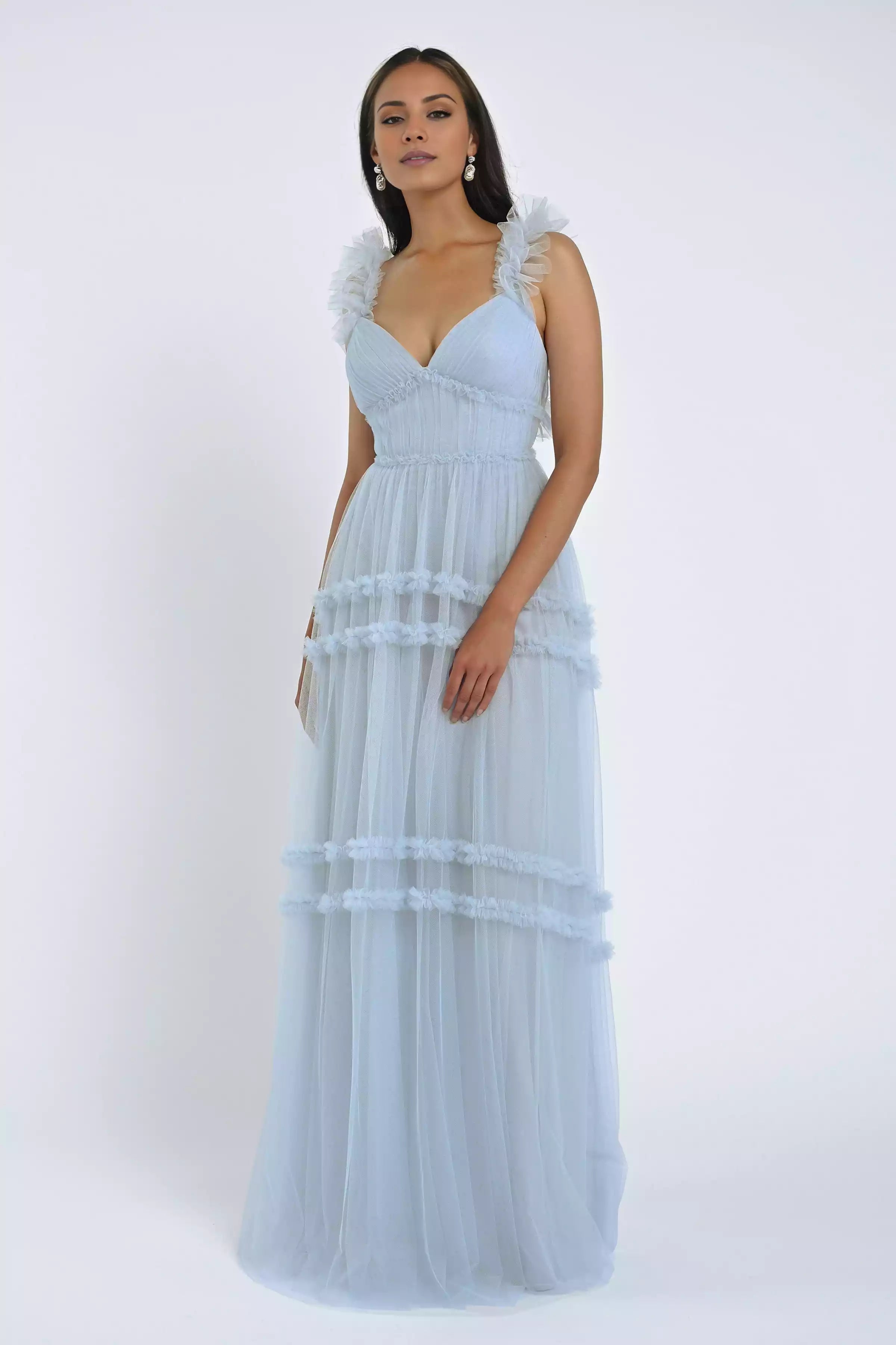 Soft chiffon heart-shaped neckline with ruffled edges, shoulder straps with ruffled details, back middle zipper, Bridesmaid Dresses