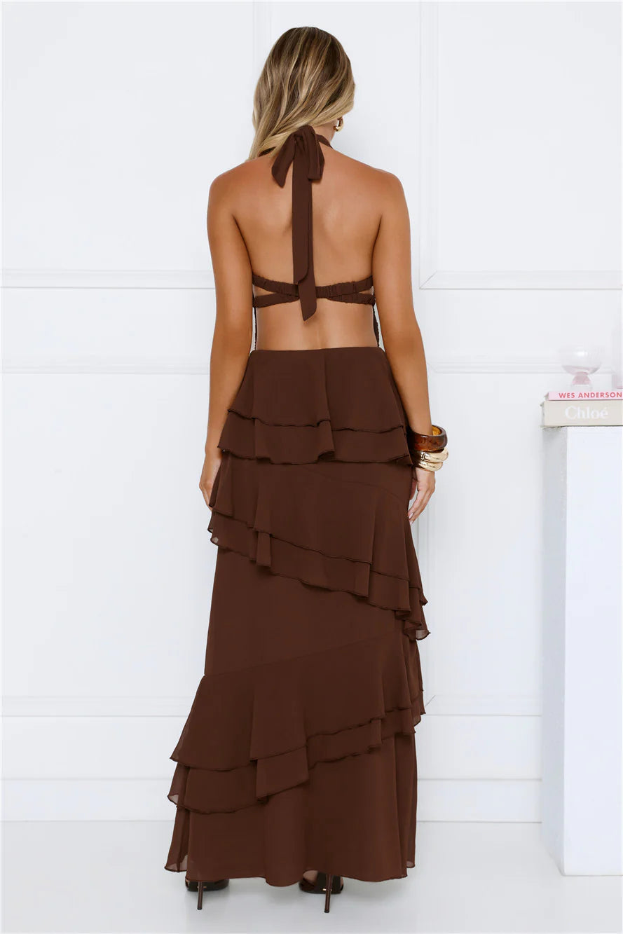 Sophisticated Dark Chocolate Brown Halter Neck Maxi Dress with Deep V Plunge, Open Back Crisscross Tie, Asymmetric Ruffle Tier Skirt and Backless Closure