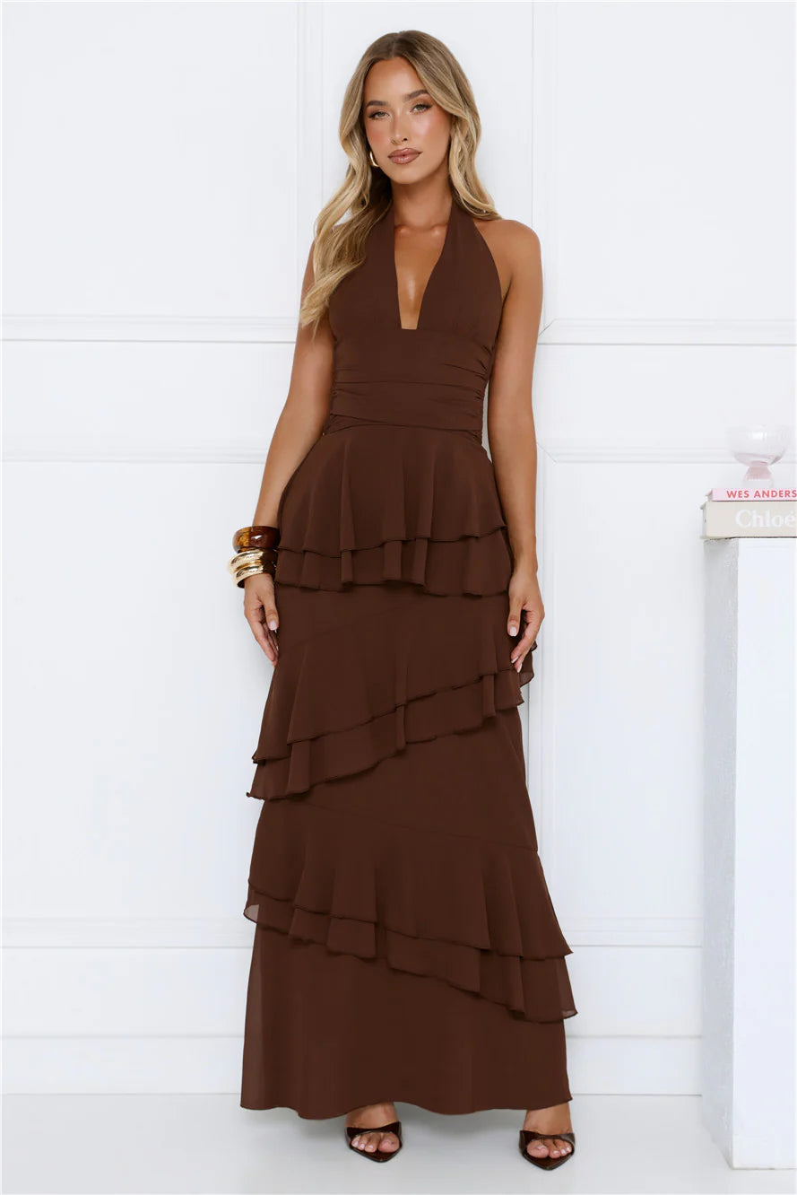 Sophisticated Dark Chocolate Brown Halter Neck Maxi Dress with Deep V Plunge, Open Back Crisscross Tie, Asymmetric Ruffle Tier Skirt and Backless Closure