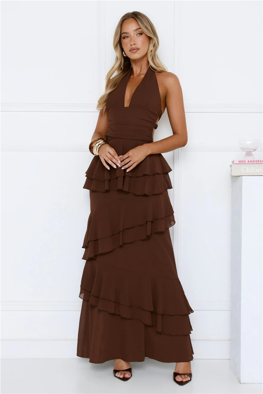 Sophisticated Dark Chocolate Brown Halter Neck Maxi Dress with Deep V Plunge, Open Back Crisscross Tie, Asymmetric Ruffle Tier Skirt and Backless Closure