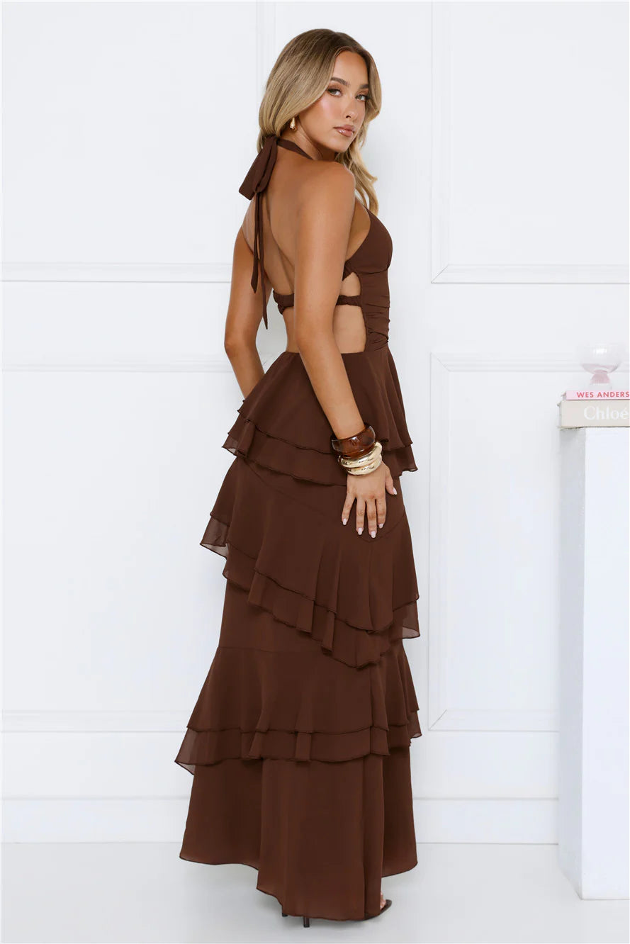 Sophisticated Dark Chocolate Brown Halter Neck Maxi Dress with Deep V Plunge, Open Back Crisscross Tie, Asymmetric Ruffle Tier Skirt and Backless Closure