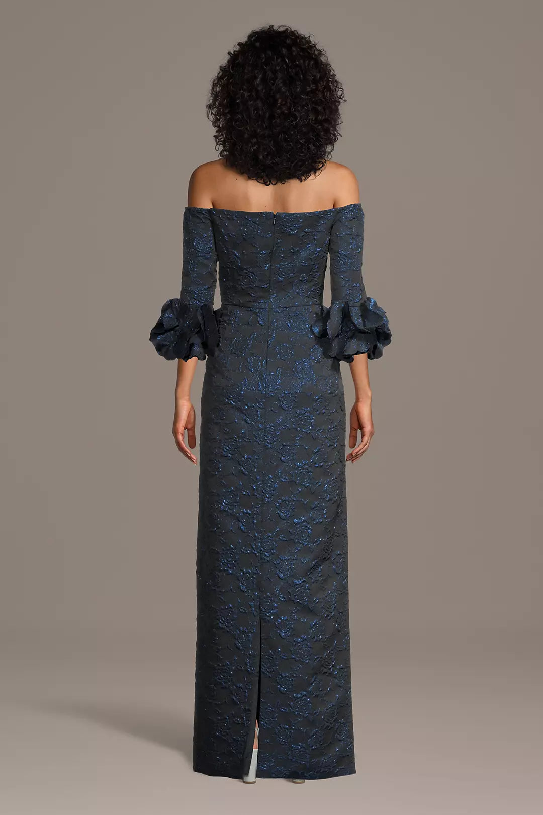 Sophisticated Sheath Off-The-Shoulder Ruffled Sleeve Zipper Back Floor Length Applique Mother of the Bride Dresses