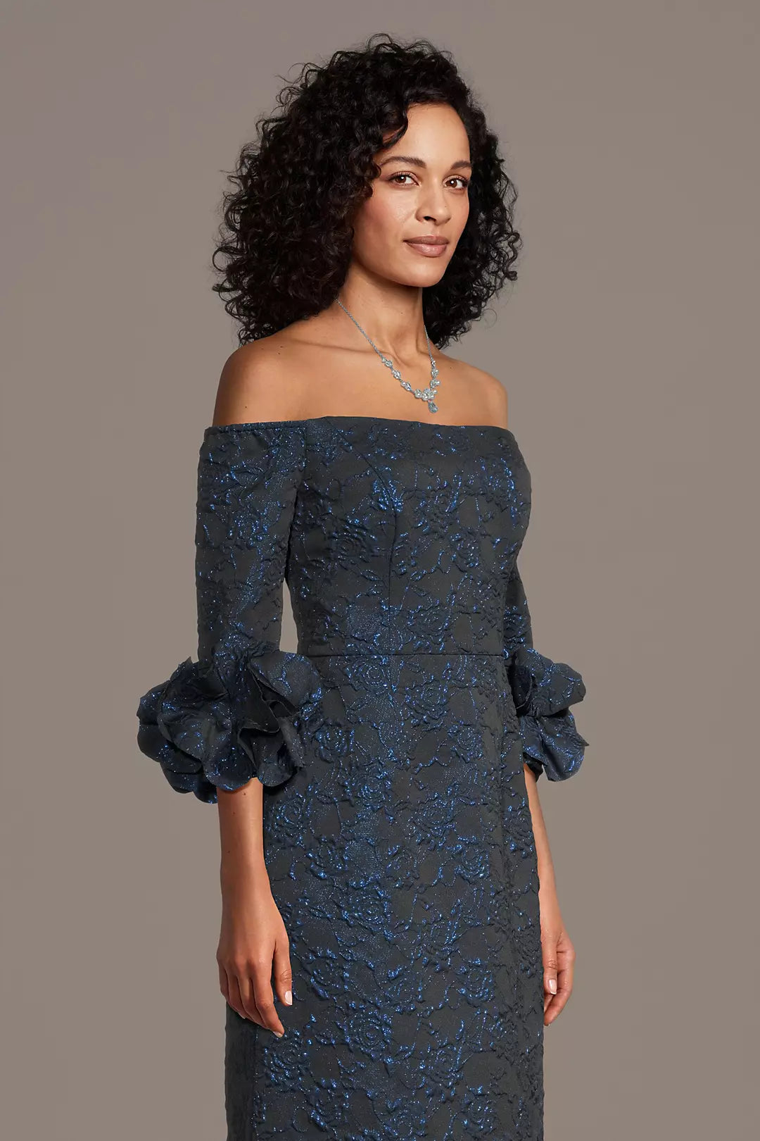 Sophisticated Sheath Off-The-Shoulder Ruffled Sleeve Zipper Back Floor Length Applique Mother of the Bride Dresses