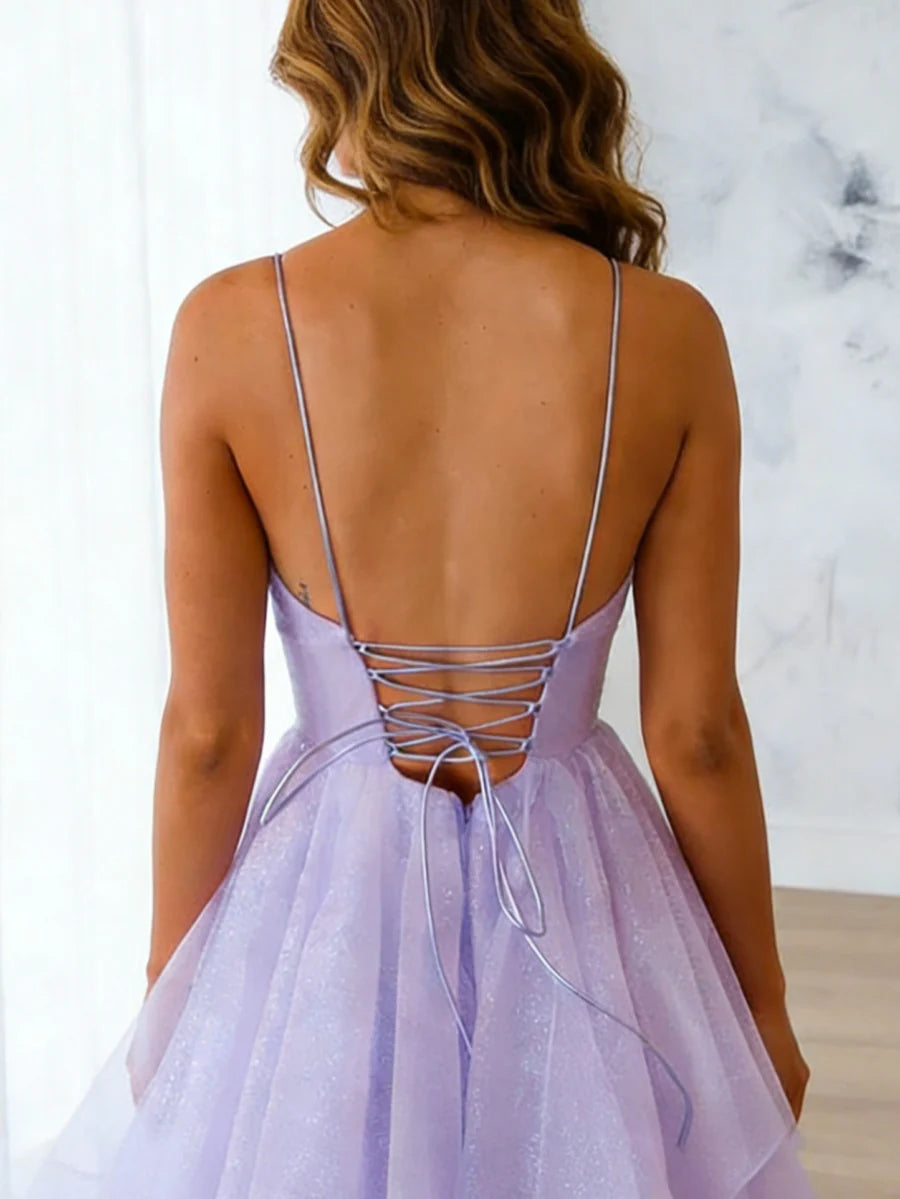 Spaghetti-Strap Glitter Tulle Evening Dress with Plunge V-Neck, Lace-Up Back & Tiered Ball Gown Train