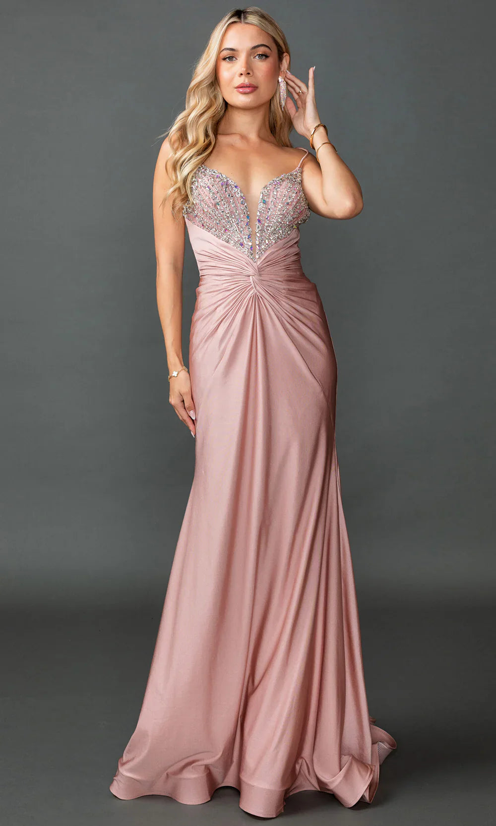 Spaghetti Strap Beaded Sweetheart Lace Up Back Ruched Blush Pink Satin Mermaid Chapel Train Prom Dresses