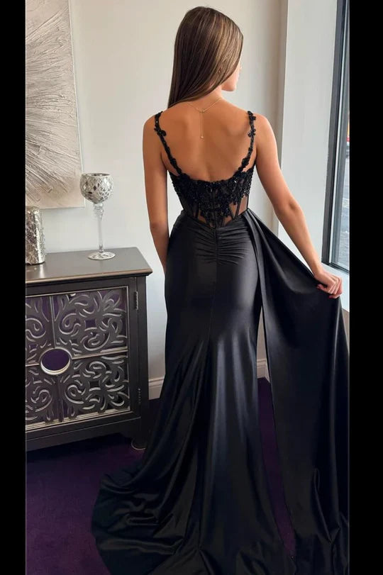 Spaghetti Strap Black Beaded Satin Mermaid Prom Dress with Corset Bodice and Satin Drape