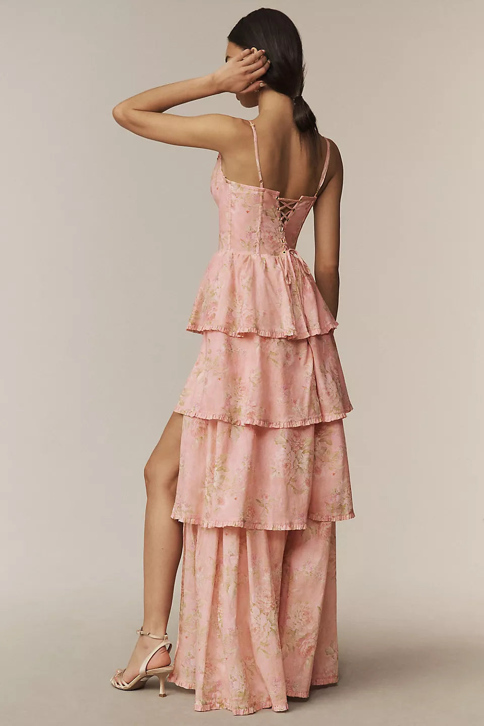 Spaghetti Strap Corset Floral Tiered Ruffle Maxi Evening Dress with Slit