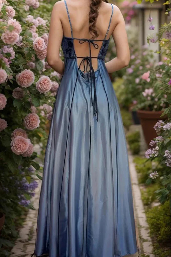 Spaghetti Strap Floral Embroidered Open Back Tie Maxi Prom Dresses (Dusty Blue)