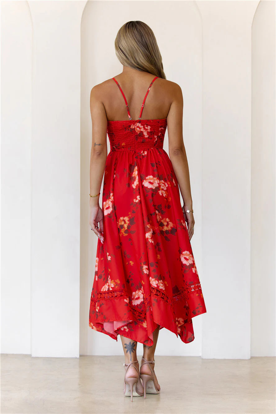 Spaghetti Strap Floral Print Ruched Midi Evening Dress with Lace Trim