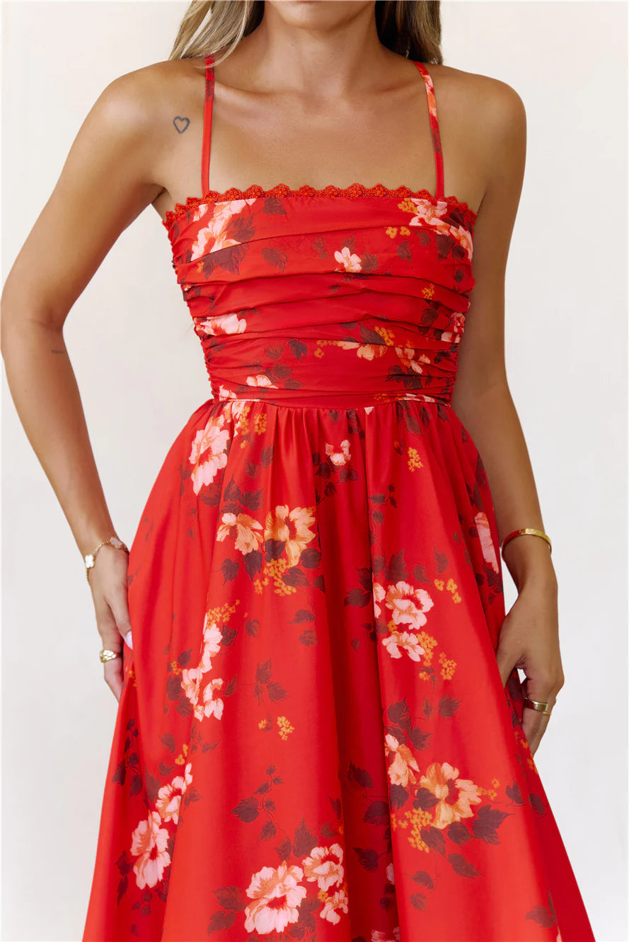 Spaghetti Strap Floral Print Ruched Midi Evening Dress with Lace Trim
