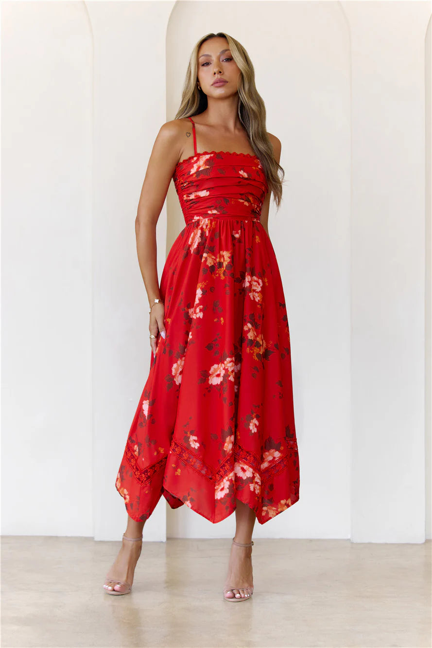 Spaghetti Strap Floral Print Ruched Midi Evening Dress with Lace Trim