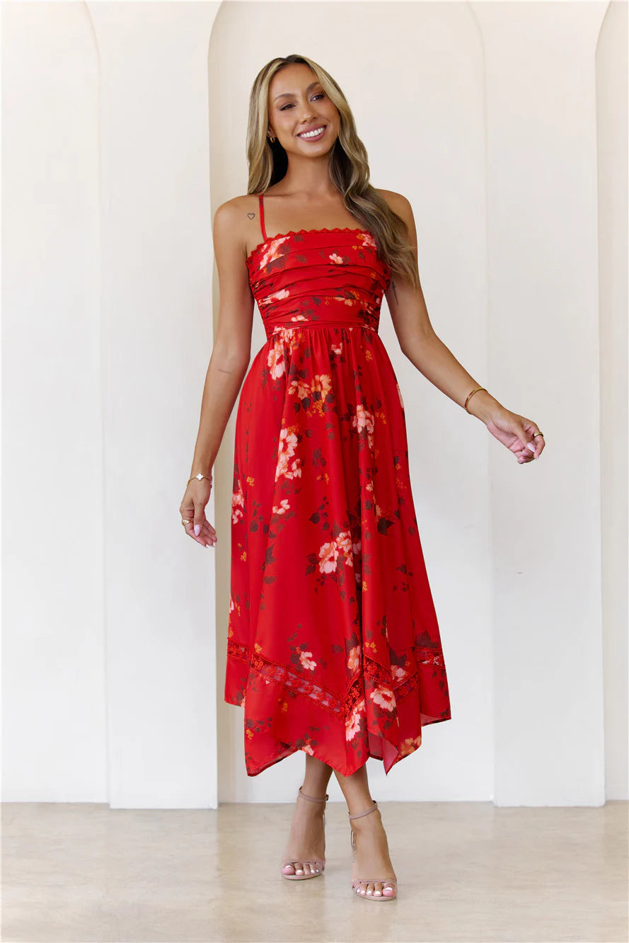 Spaghetti Strap Floral Print Ruched Midi Evening Dress with Lace Trim