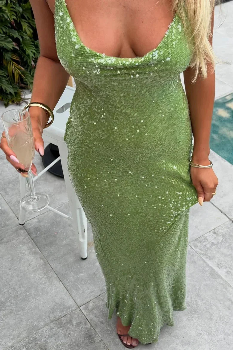 Spaghetti Strap Green Sequin Maxi Prom Dress with Cowl Neck and Open Back