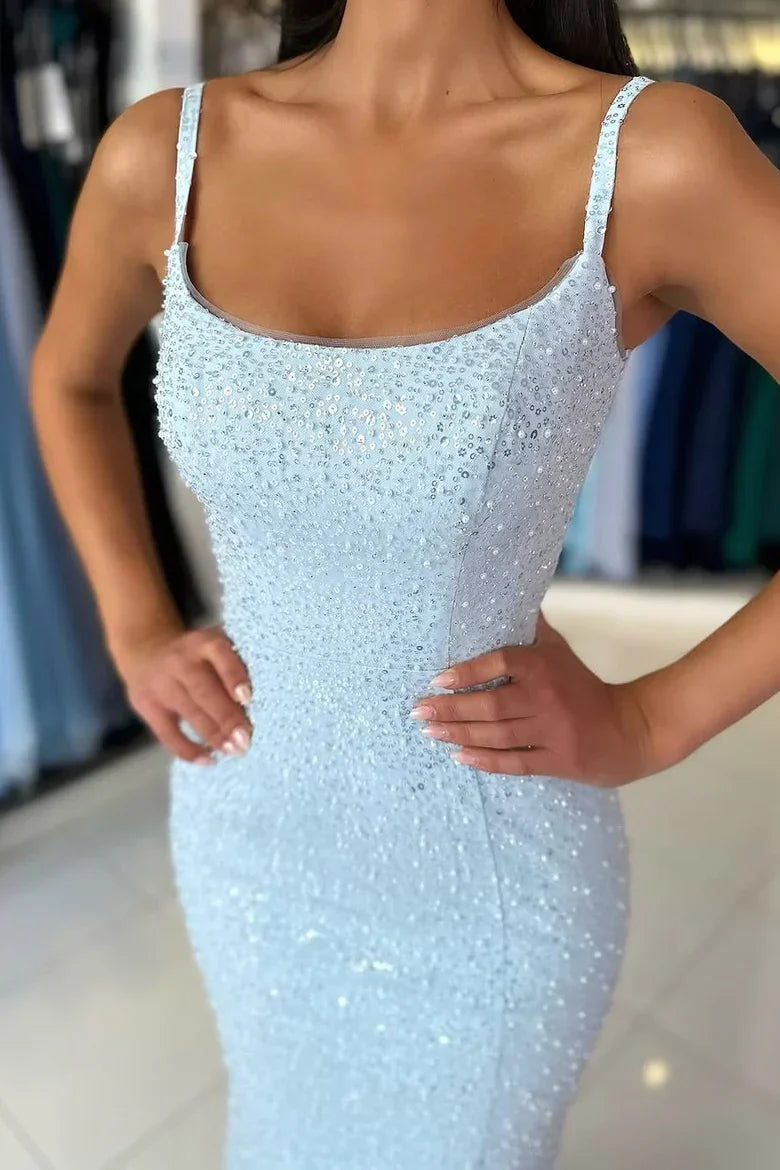 Spaghetti Strap Light Blue Beaded Mermaid Prom Dress with Square Neckline