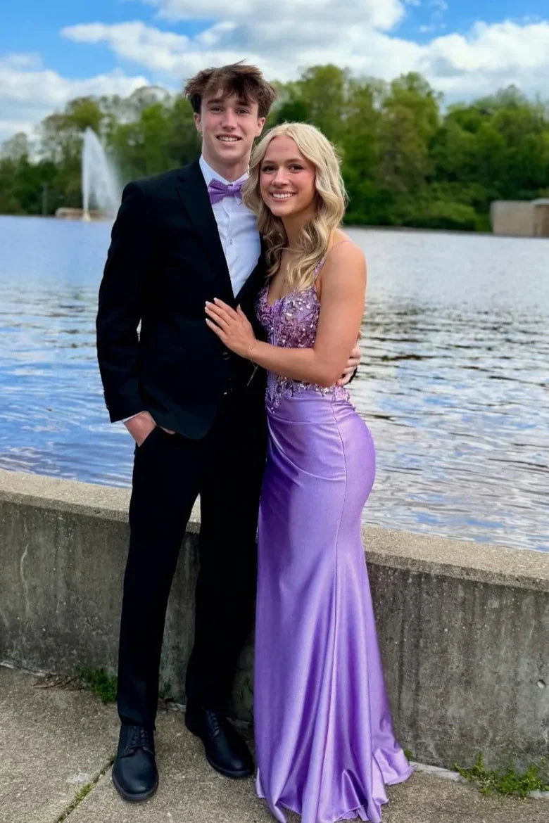 Spaghetti Strap Lilac Sequin Mermaid Prom Dress with Sheer Bodice and Side Slit