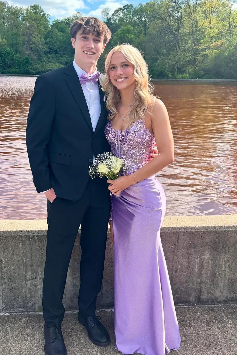 Spaghetti Strap Lilac Sequin Mermaid Prom Dress with Sheer Bodice and Side Slit