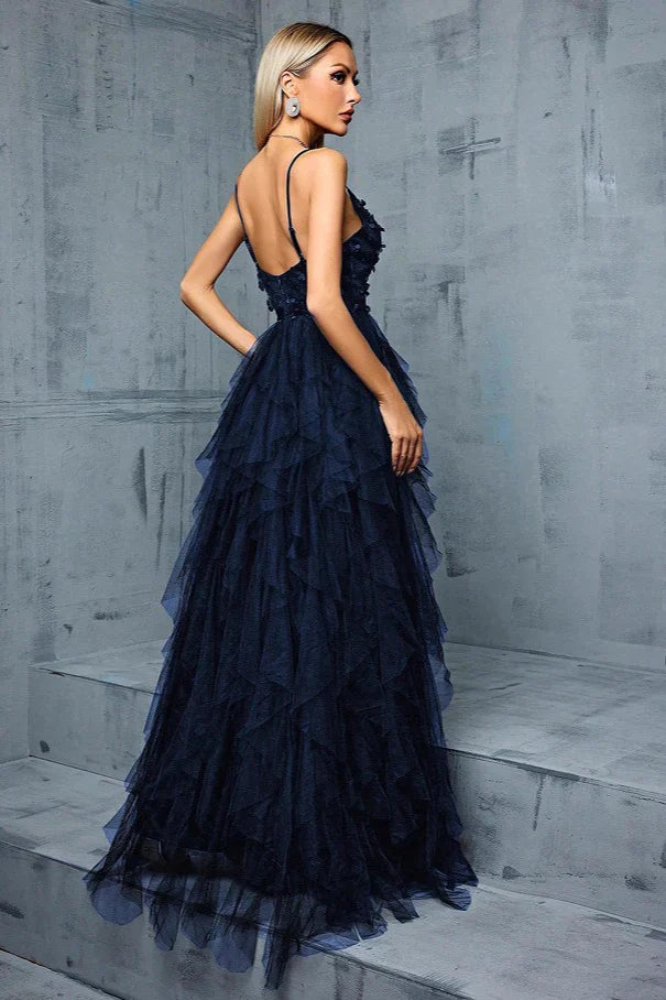 Spaghetti Strap Navy Blue 3D Floral Ruffled Tulle Evening Dresses with Front Slit and Floor-Length Skirt