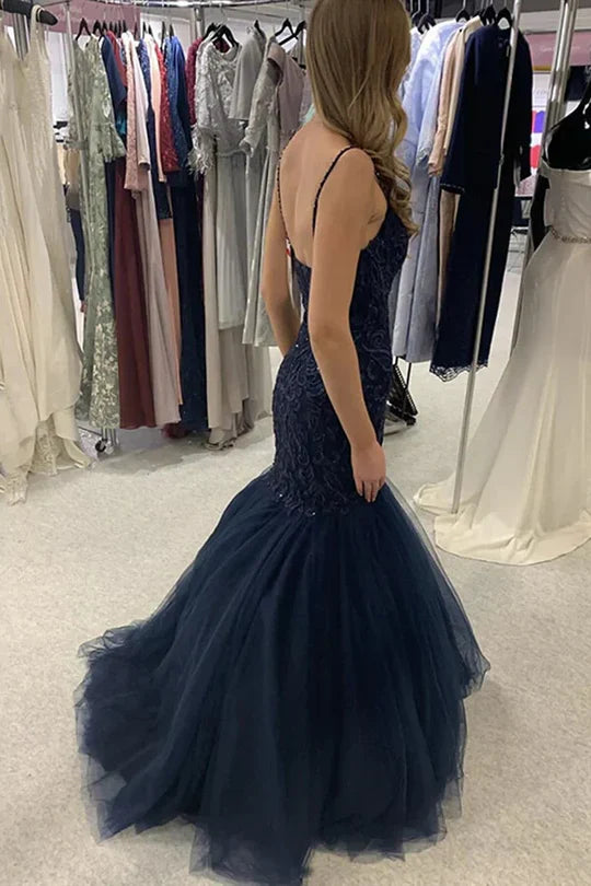 Spaghetti Strap Navy Blue Lace Mermaid Prom Dress with Tulle Skirt