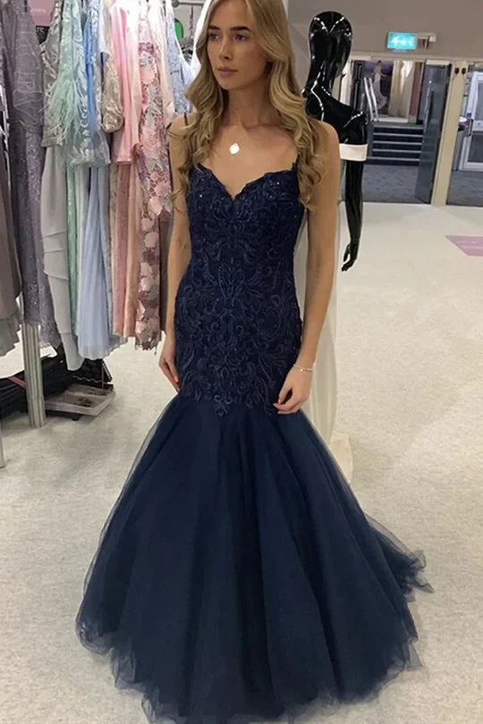 Spaghetti Strap Navy Blue Lace Mermaid Prom Dress with Tulle Skirt