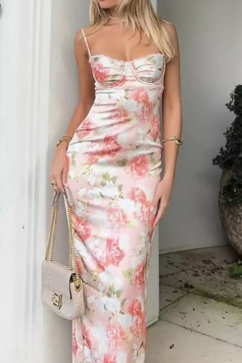 Spaghetti Strap Pink Floral Satin Maxi Prom Dress with Lace Trim and Back Slit