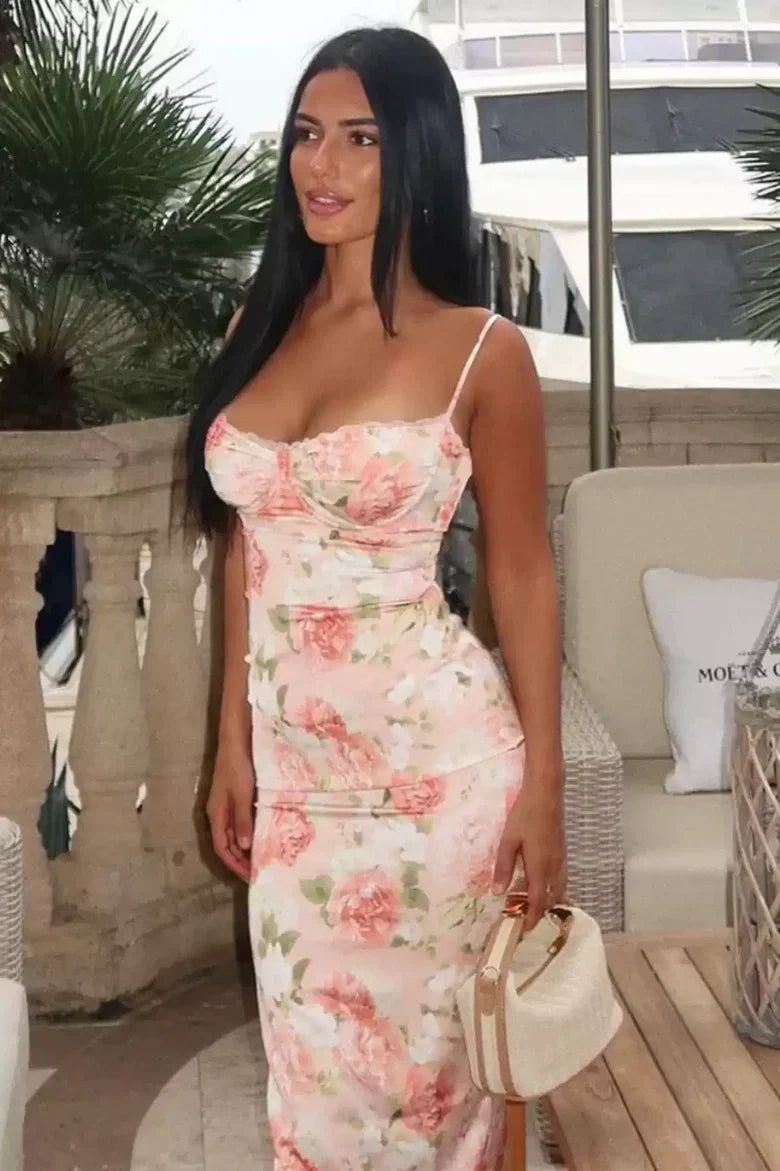 Spaghetti Strap Pink Floral Satin Maxi Prom Dress with Lace Trim and Back Slit