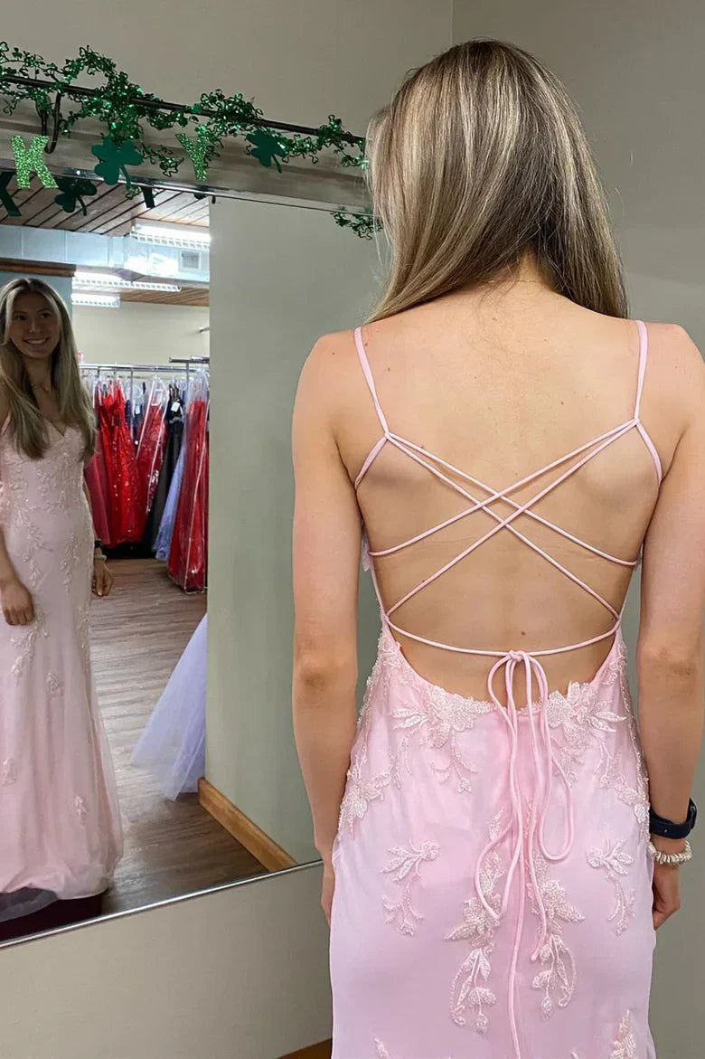 Spaghetti Strap Pink Lace Mermaid Prom Dress with Crisscross Back