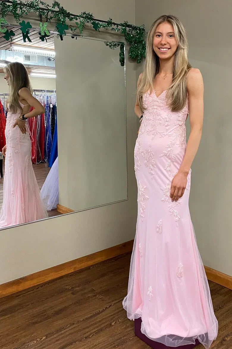 Spaghetti Strap Pink Lace Mermaid Prom Dress with Crisscross Back