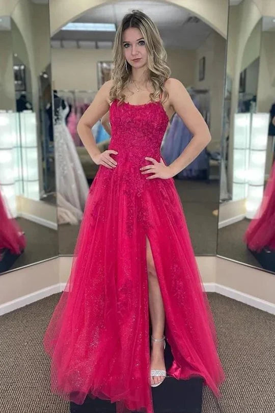 Spaghetti Strap Red Lace Tulle Prom Dress with Crisscross Back and Side Slit