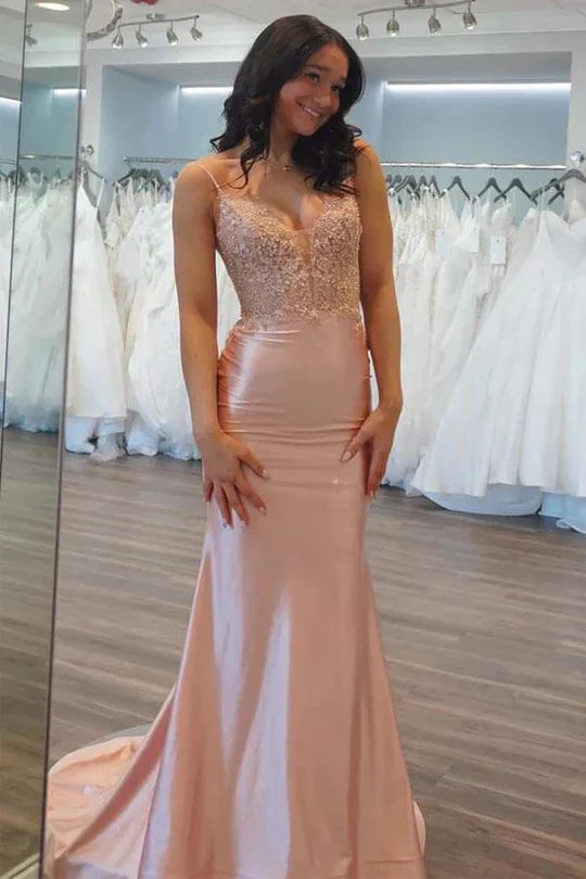 Spaghetti Strap Rose Gold Lace Satin Mermaid Prom Dress with Lace-Up Back