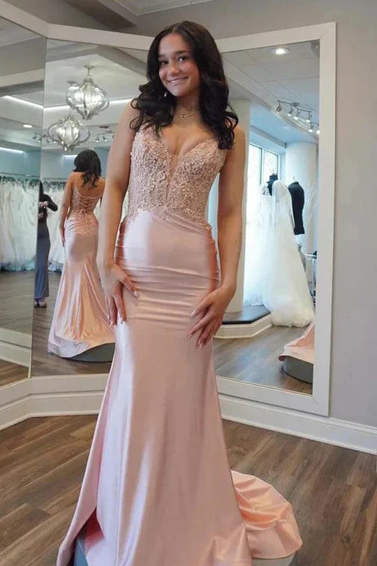 Spaghetti Strap Rose Gold Lace Satin Mermaid Prom Dress with Lace-Up Back