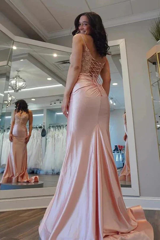 Spaghetti Strap Rose Gold Lace Satin Mermaid Prom Dress with Lace-Up Back