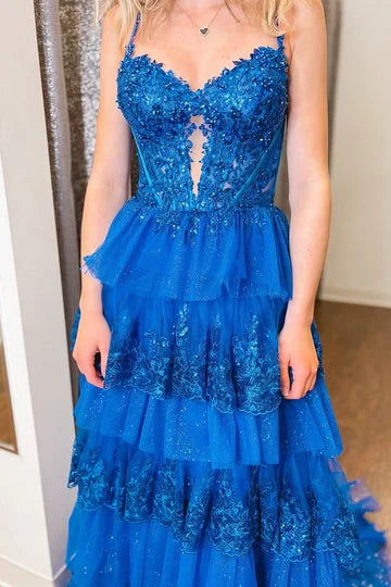 Spaghetti Strap Royal Blue Sequin Tiered Tulle Prom Dress with Sheer Corset Bodice