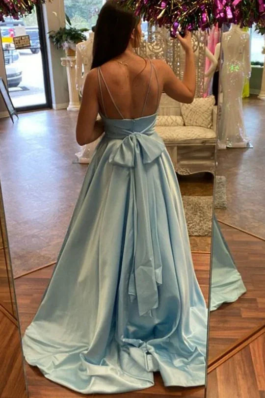 Spaghetti Strap Sky Blue Satin Prom Dress with Pockets and Back Bow