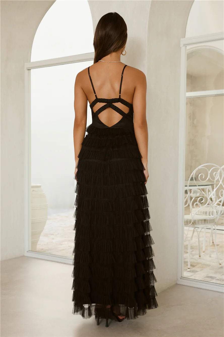 Spaghetti Strap Tiered Tulle Maxi Evening Dress with Cutout Back