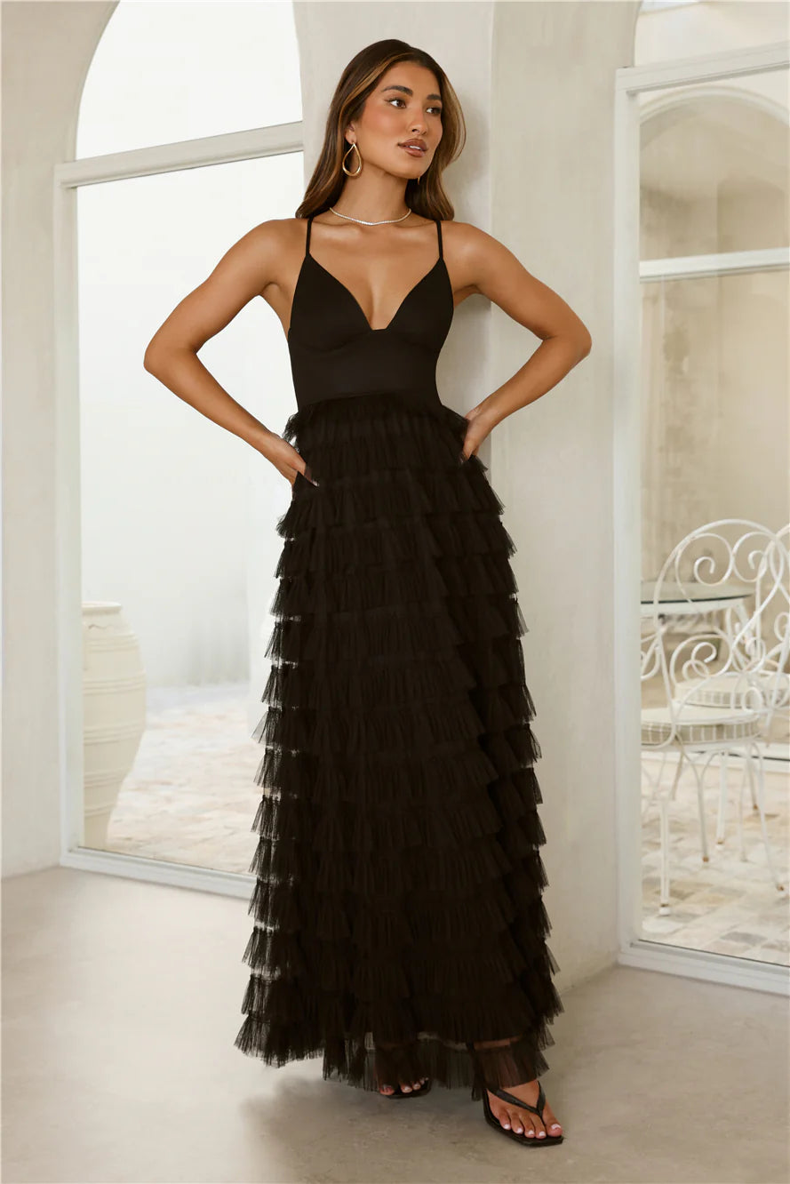 Spaghetti Strap Tiered Tulle Maxi Evening Dress with Cutout Back