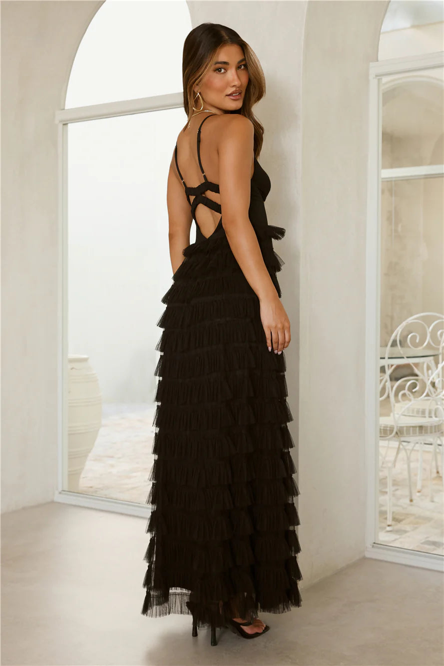Spaghetti Strap Tiered Tulle Maxi Evening Dress with Cutout Back